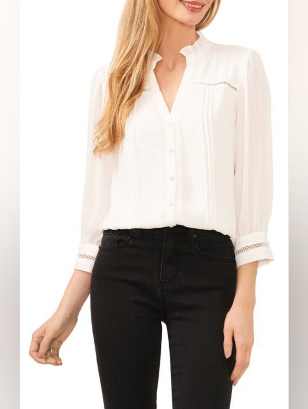 CeCe Pintuck Ruffle Button-Up Top NEW IVORY, Size Medium